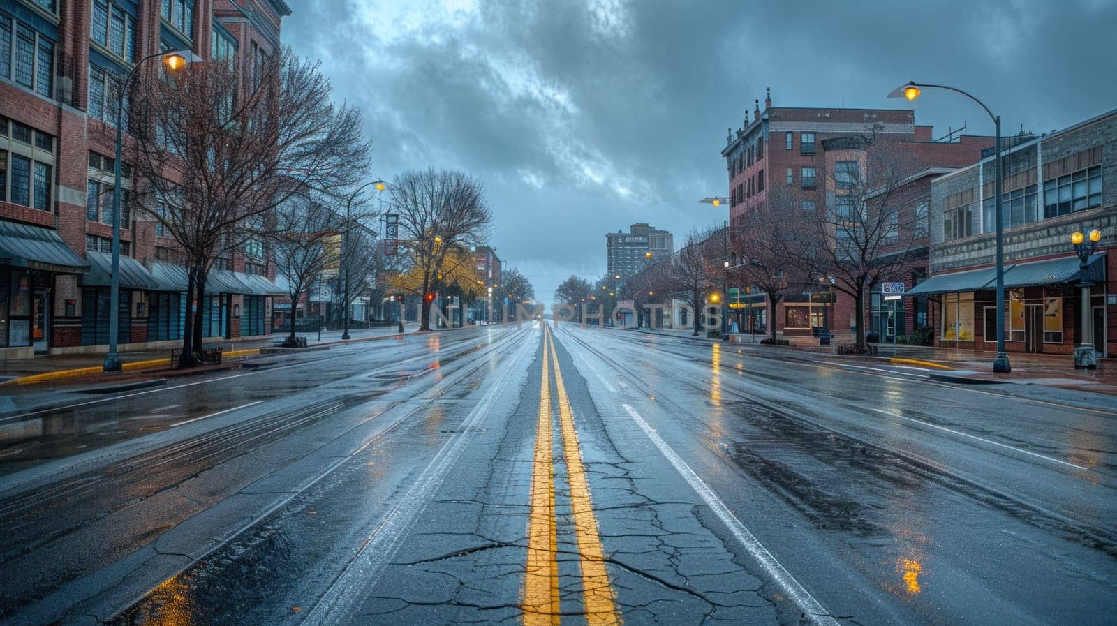 Gray clouds looming over a deserted city street on a gloomy Monday morning..