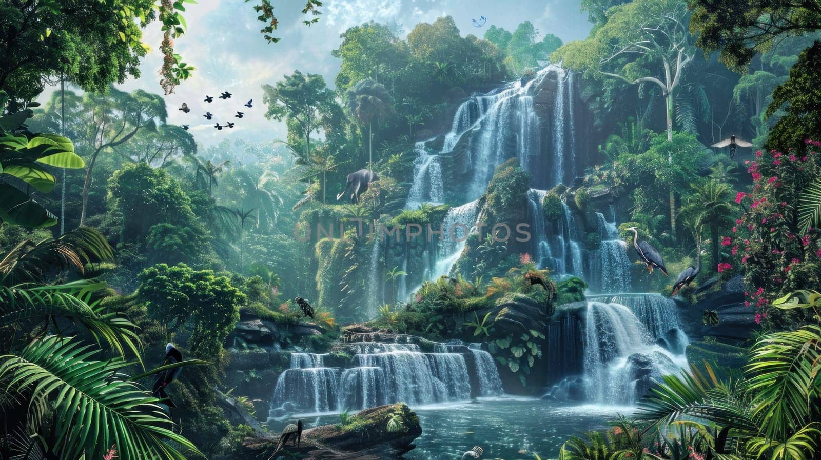 A lush green jungle with a river flowing through it.