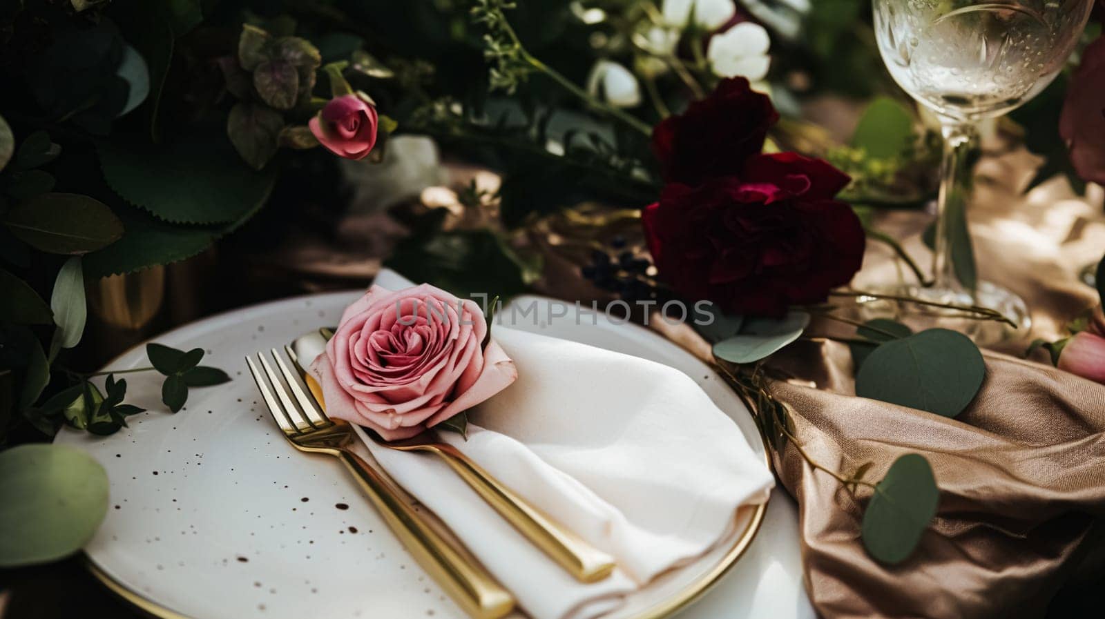 Wedding and event celebration tablescape with flowers, formal dinner table setting with roses and wine, elegant floral table decor for dinner party and holiday decoration, home styling by Anneleven