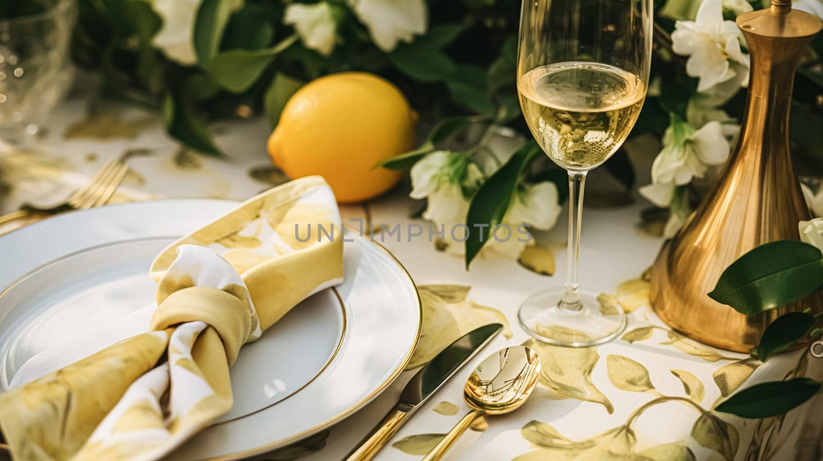 Wedding or formal dinner holiday celebration tablescape with lemons and flowers in the English countryside garden lemon tree, home styling by Anneleven
