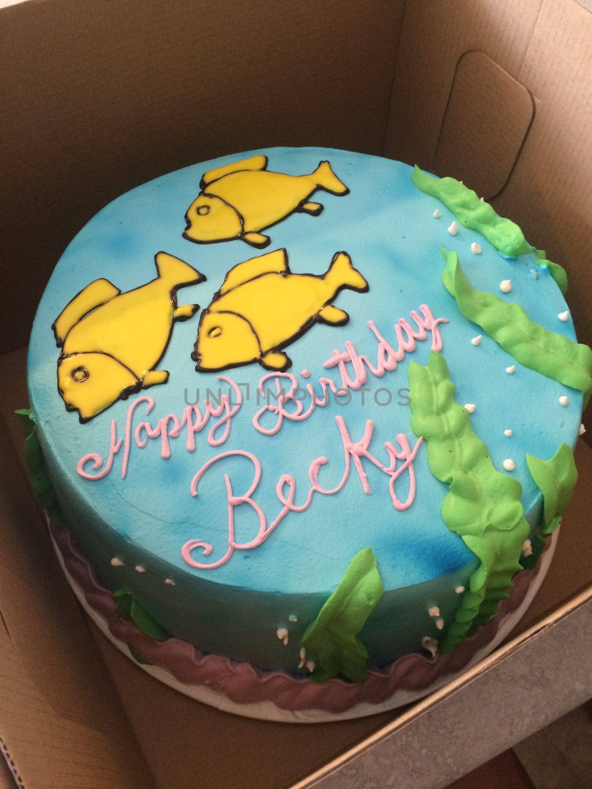 Birthday Cake in a Box with Fish Swimming Underwater Side View by grumblytumbleweed