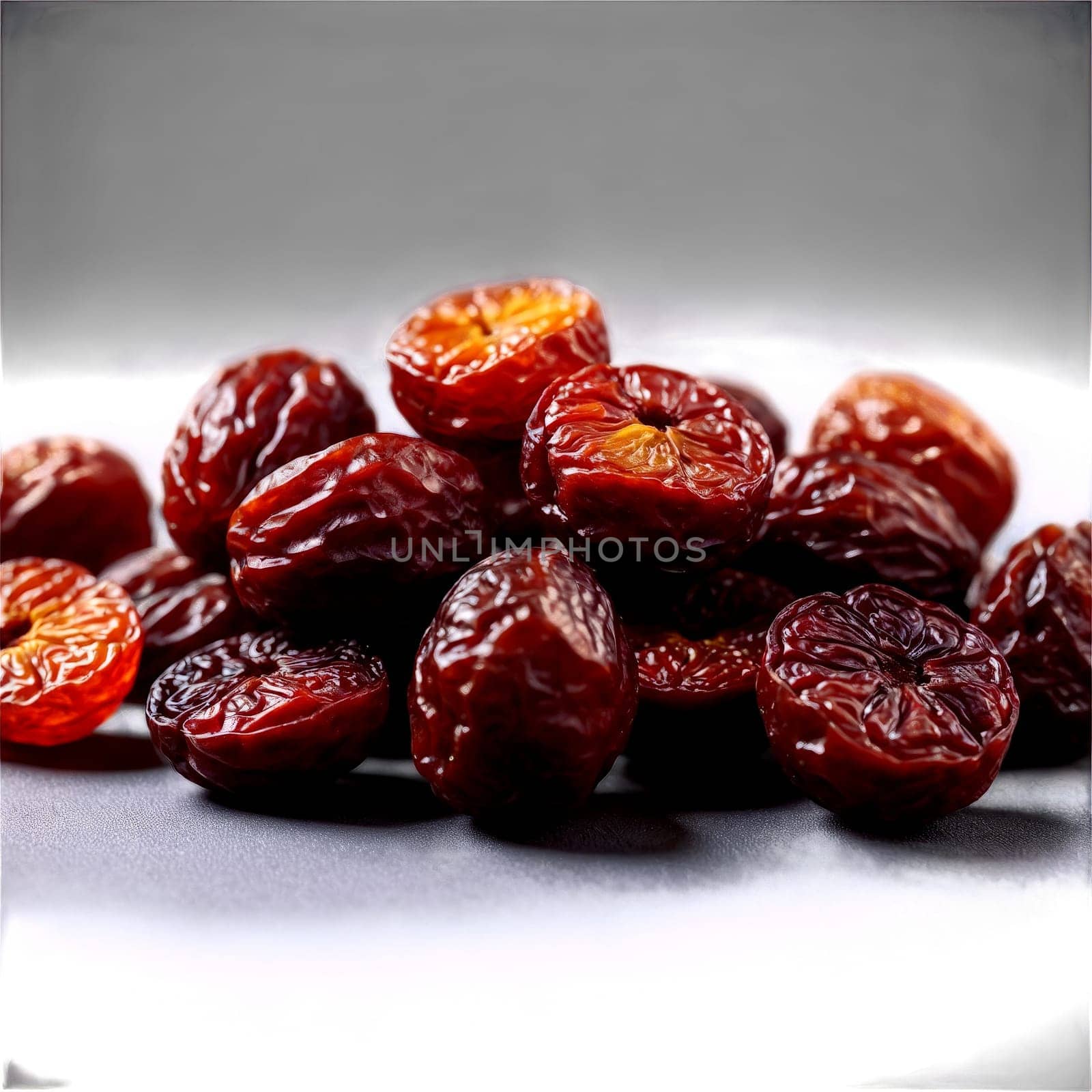 Dried jujube fruits deep red with a wrinkled texture bouncing joyfully as if celebrating by panophotograph