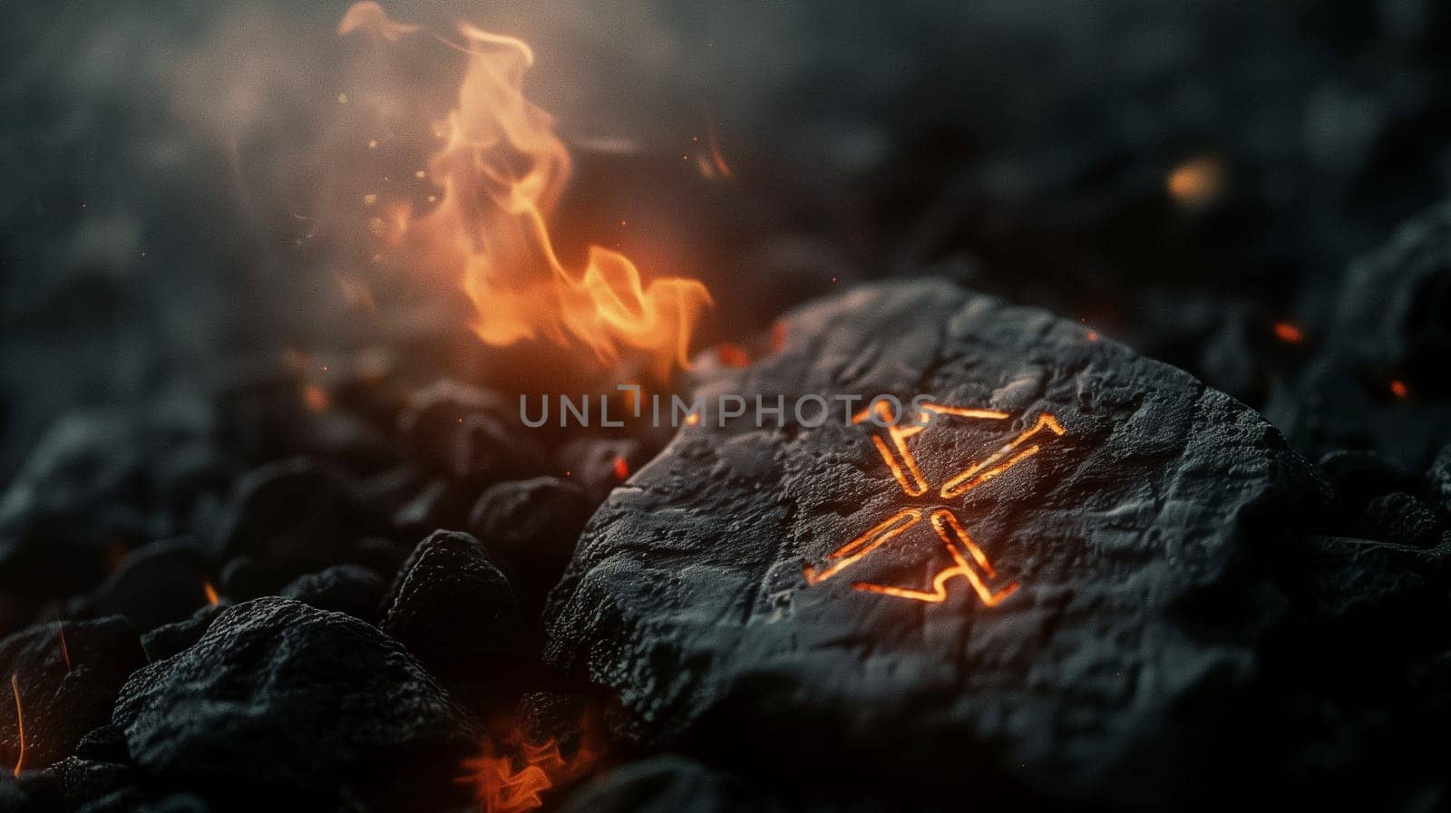 Cinematic dark photo of a mysterious stone with mystical fire symbols