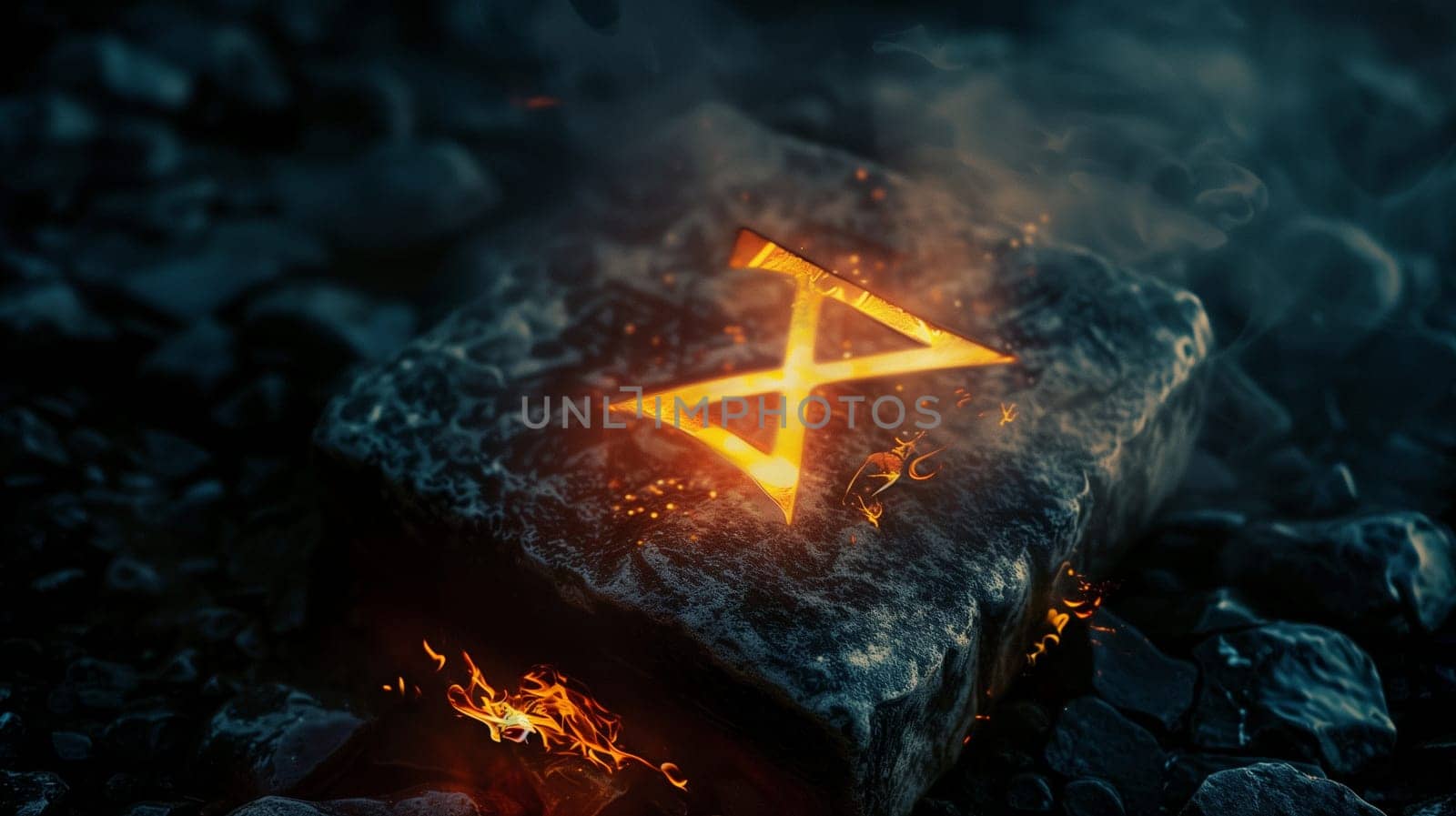 Cinematic dark photo of a mysterious stone with mystical fire symbols