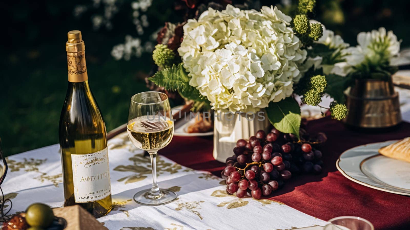 Wedding or formal dinner holiday celebration tablescape with hydrangea flowers in the English countryside garden, table setting and wine, floral table decor for family dinner party, home styling inspiration