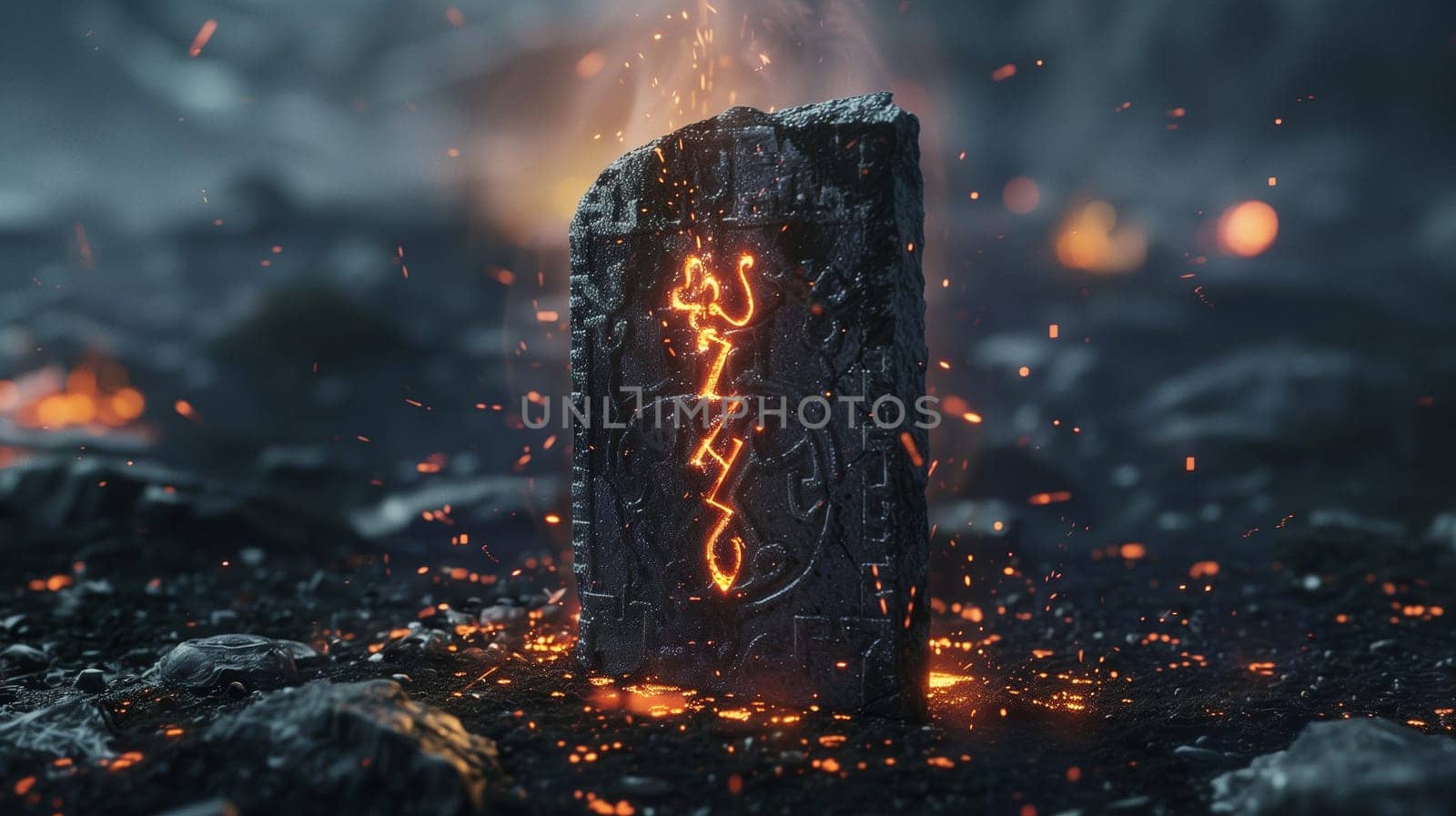 Cinematic dark photo of a mysterious stone with mystical fire symbols