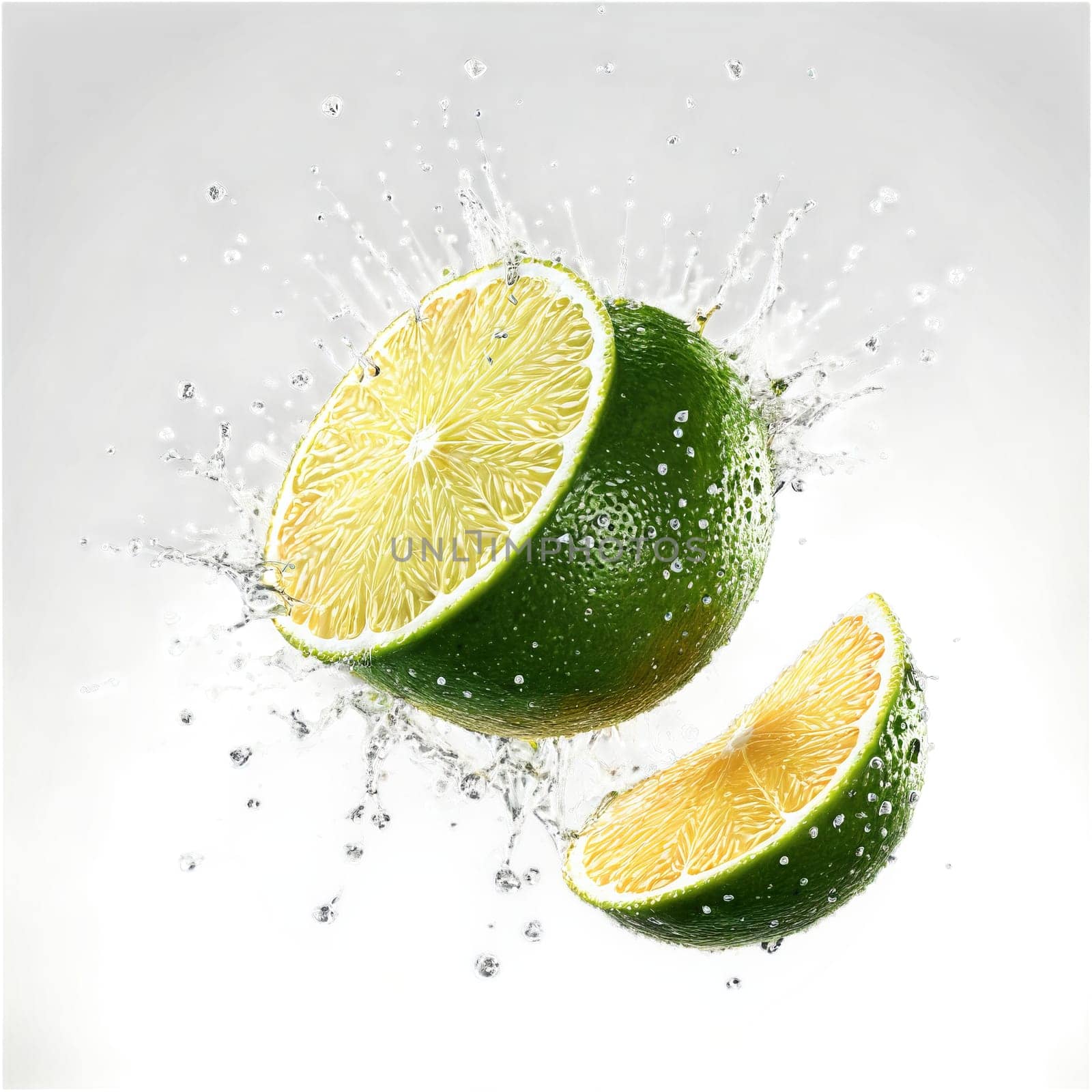 Tangy limes bursting zest misting juice droplets midair Citrus aurantifolia Food and Culinary concept by panophotograph