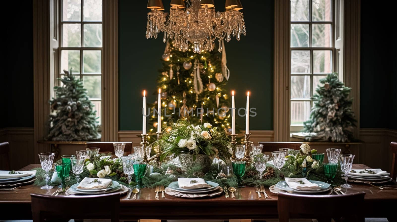 Christmas at the manor, holiday tablescape and dinner table setting, English countryside decoration and interior decor by Anneleven