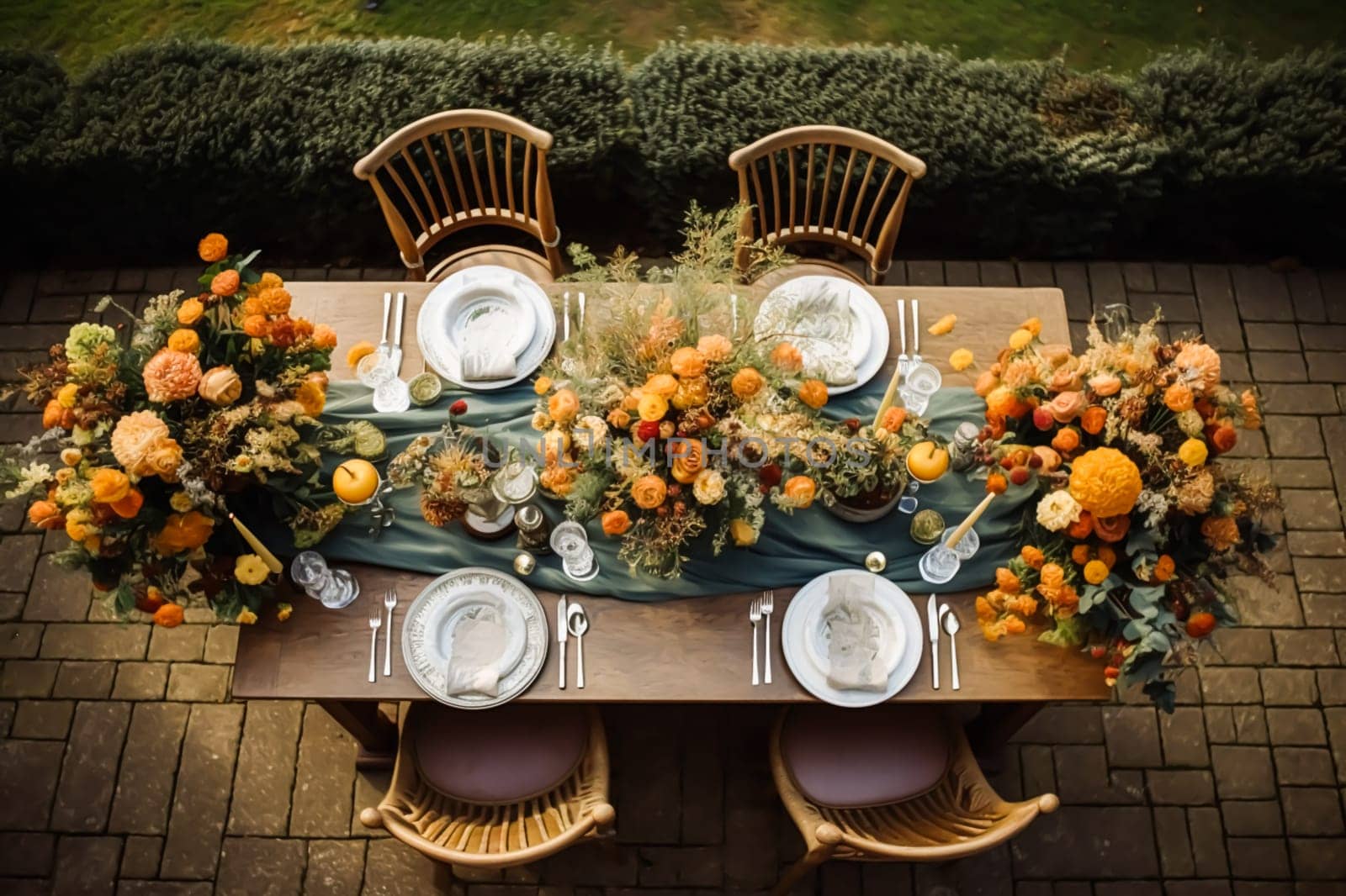 Top view of autumn table scape, autumnal dinner table setting, holiday tablescape for wedding, birthday or party event celebration, post-processed, generative ai