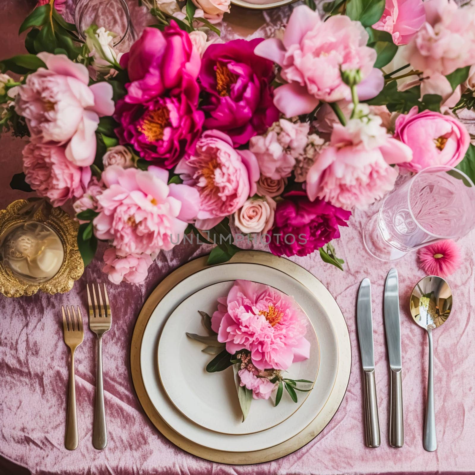 Holiday tablescape, formal dinner table setting, pink peony table scape with peonies decoration for wedding party and event celebration, post-processed, generative ai