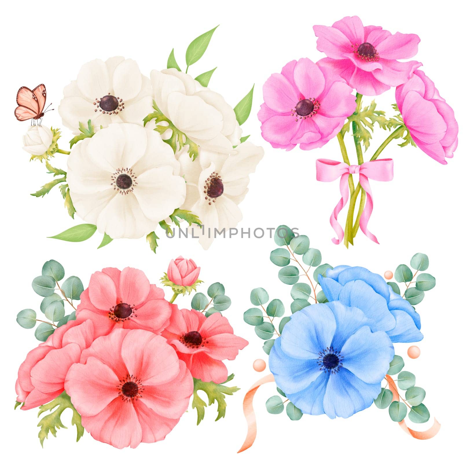 Watercolor set featuring anemone bouquets in various colors. adorned with satin ribbons, butterflies and eucalyptus sprigs. for wedding stationery, event invitations, floral designs backgrounds.