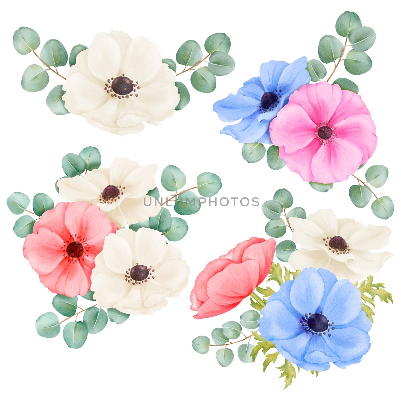 Watercolor set of floral bouquets featuring anemones in various colors and eucalyptus sprigs. Ideal for wedding invitations, greeting cards, stationery, and floral-themed designs by Art_Mari_Ka