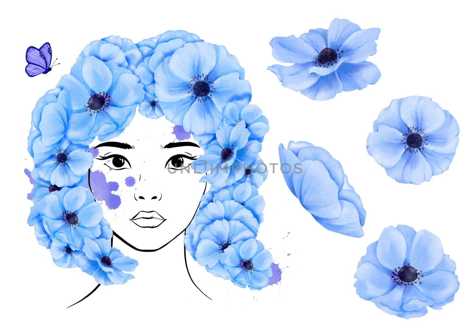Set of portrait and flowers. Linear portrait of a beautiful young Asian woman. Watercolor. Hairstyle blue anemone flowers with a butterfly. Symbol of freedom and vivacity. Avatar, diversity by Art_Mari_Ka