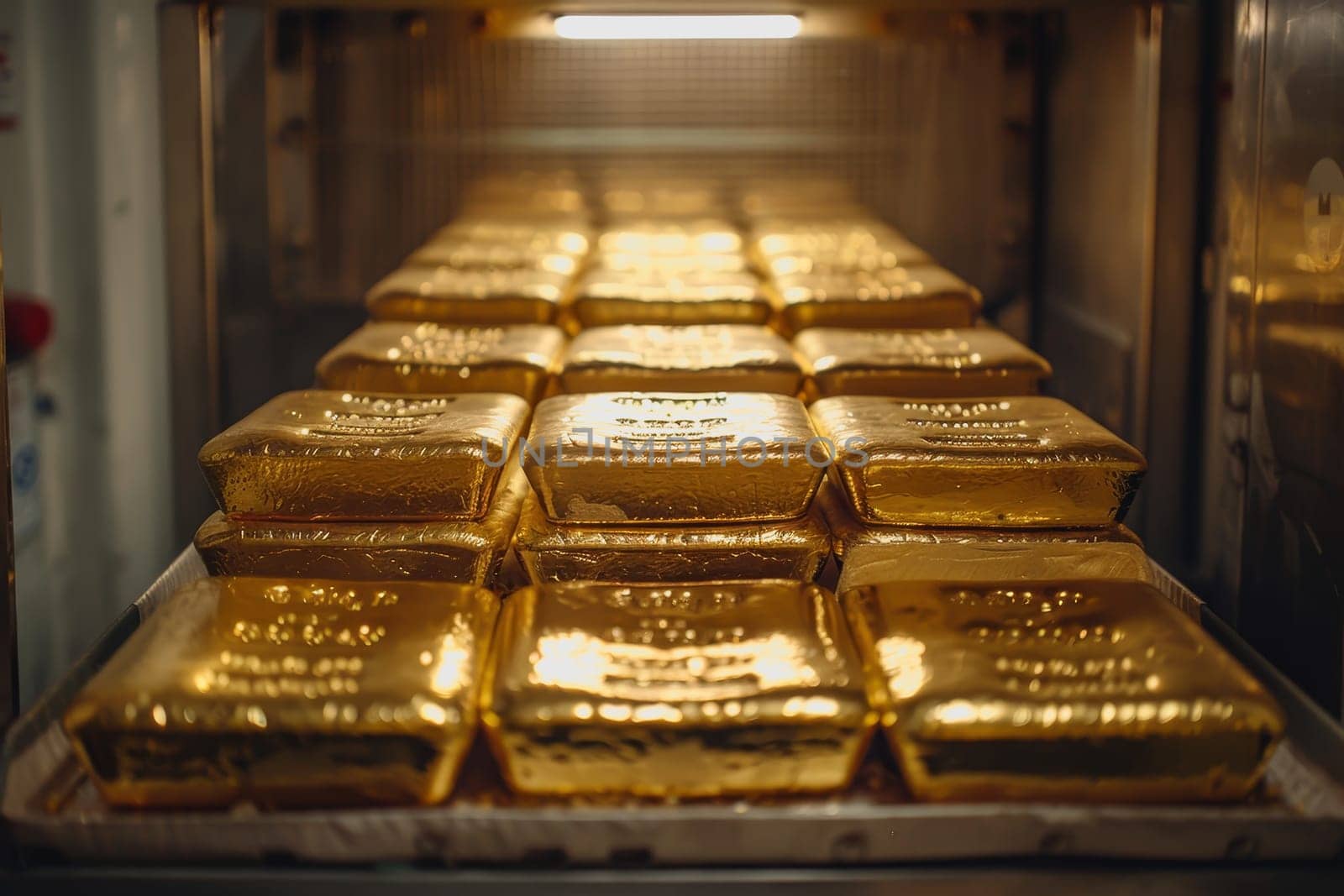 A stack of gold bars rests in the security room