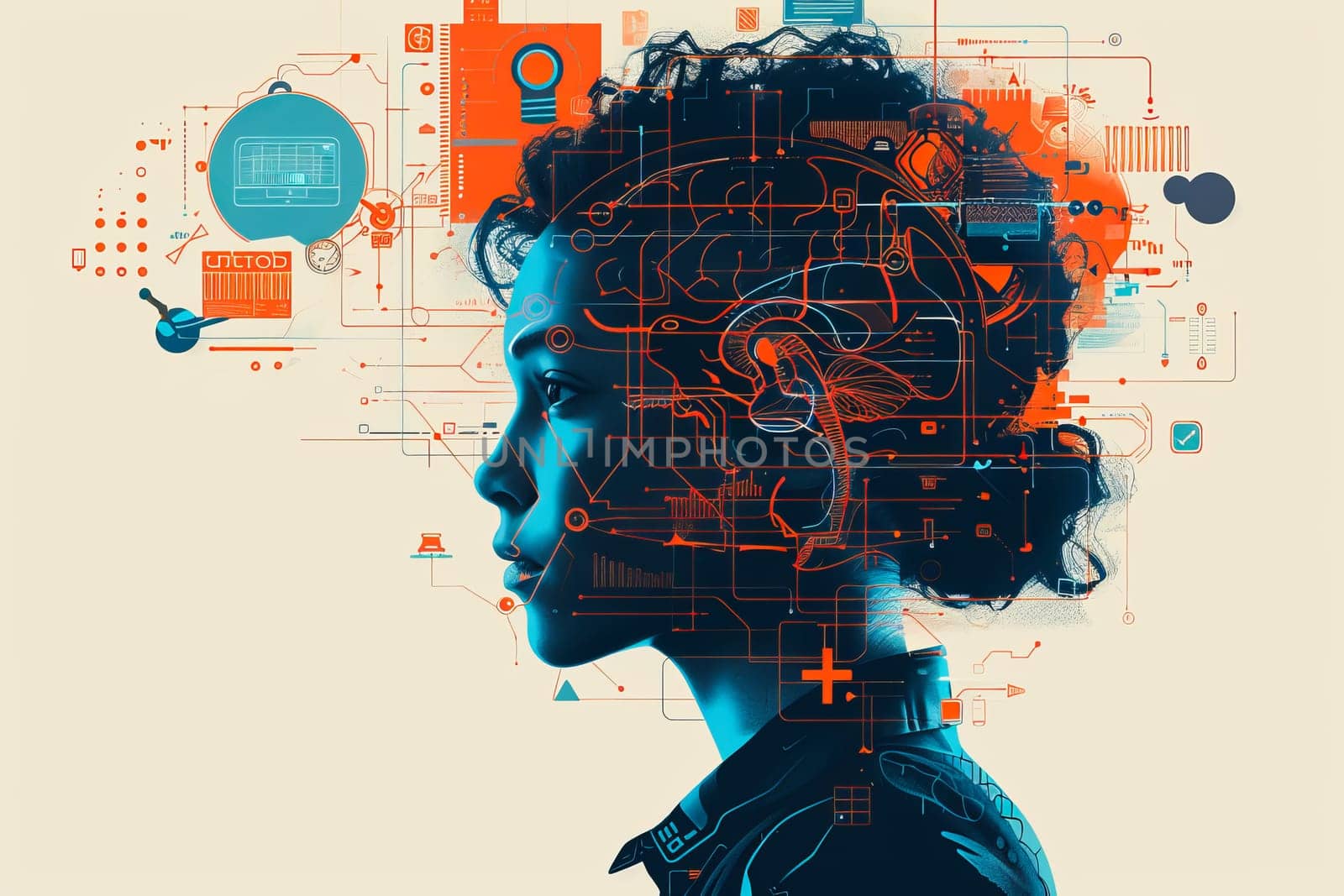 An illustration of a person's brain with AI related concepts integrated into the neural network by Manastrong