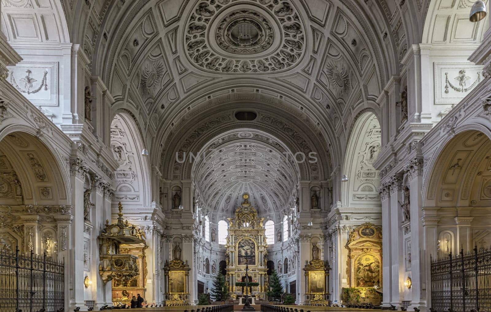 Munich, Germany - Dec 21, 2023 - Interior architecture view of St. Michael's Church (Michaelskirche Jesuit church) in Munich pedestrian zone. It is the largest Renaissance church north of the Alps. Copy space, elective focus.