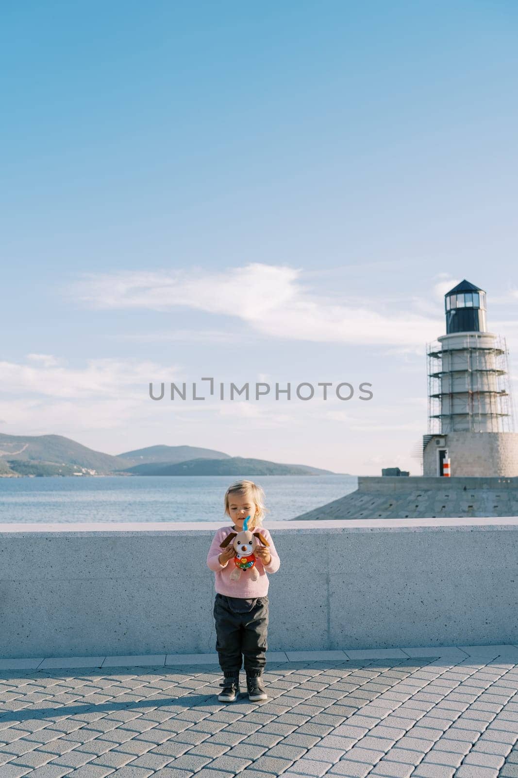 Little girl with a soft toy stands on the pier near the lighthouse by Nadtochiy