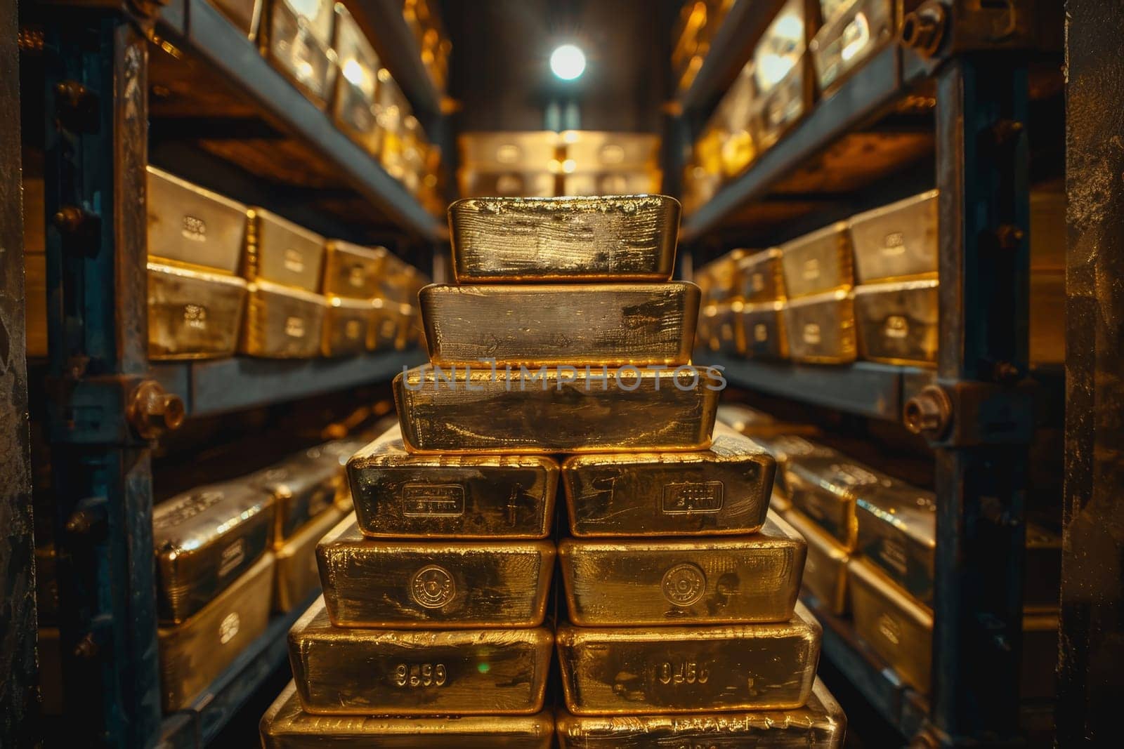 A stack of gold bars rests in the security room