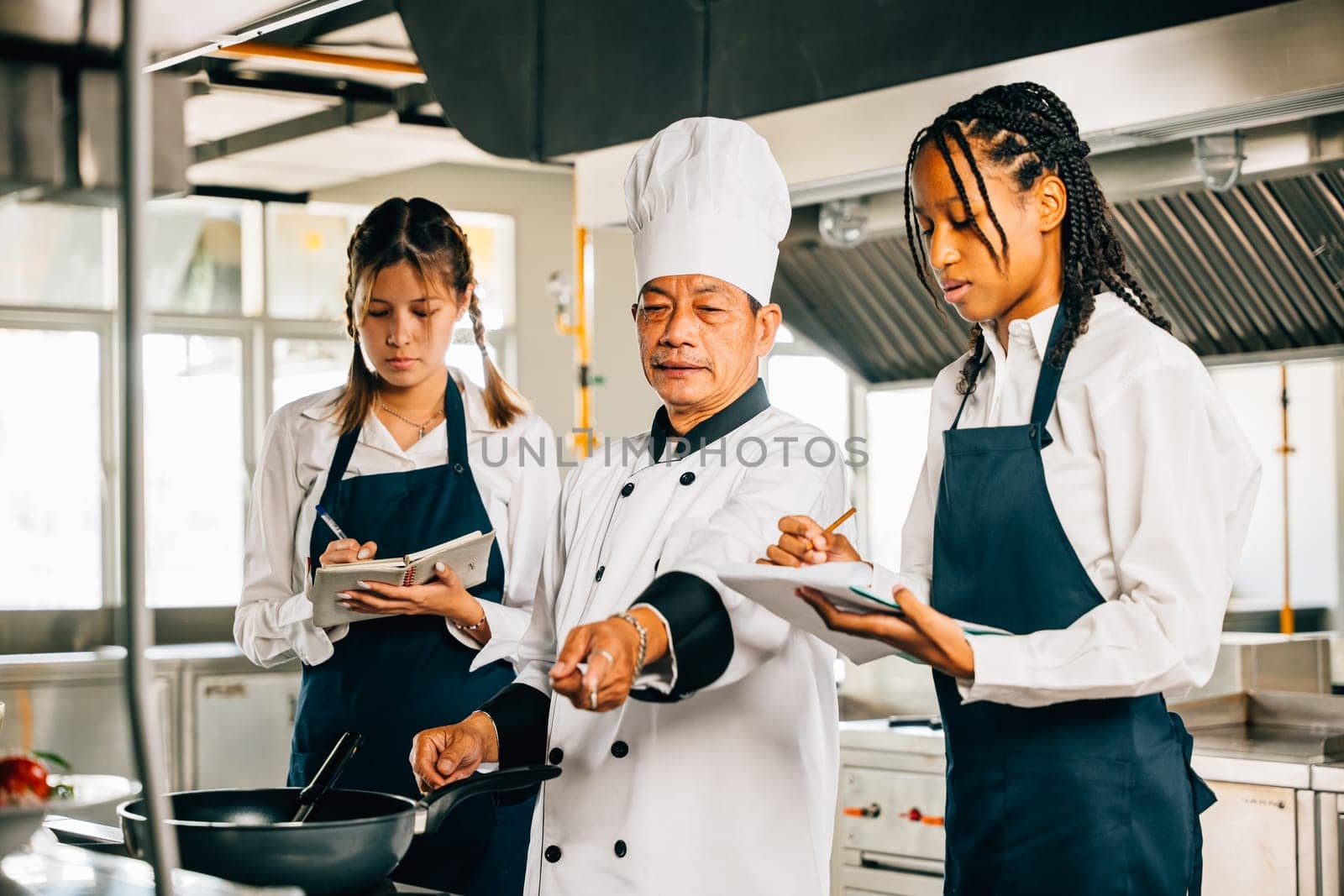 Senior Asian chef educates diverse students in a restaurant kitchen. Stressing teamwork learning and note-taking in this professional educational setting. Food Edocation