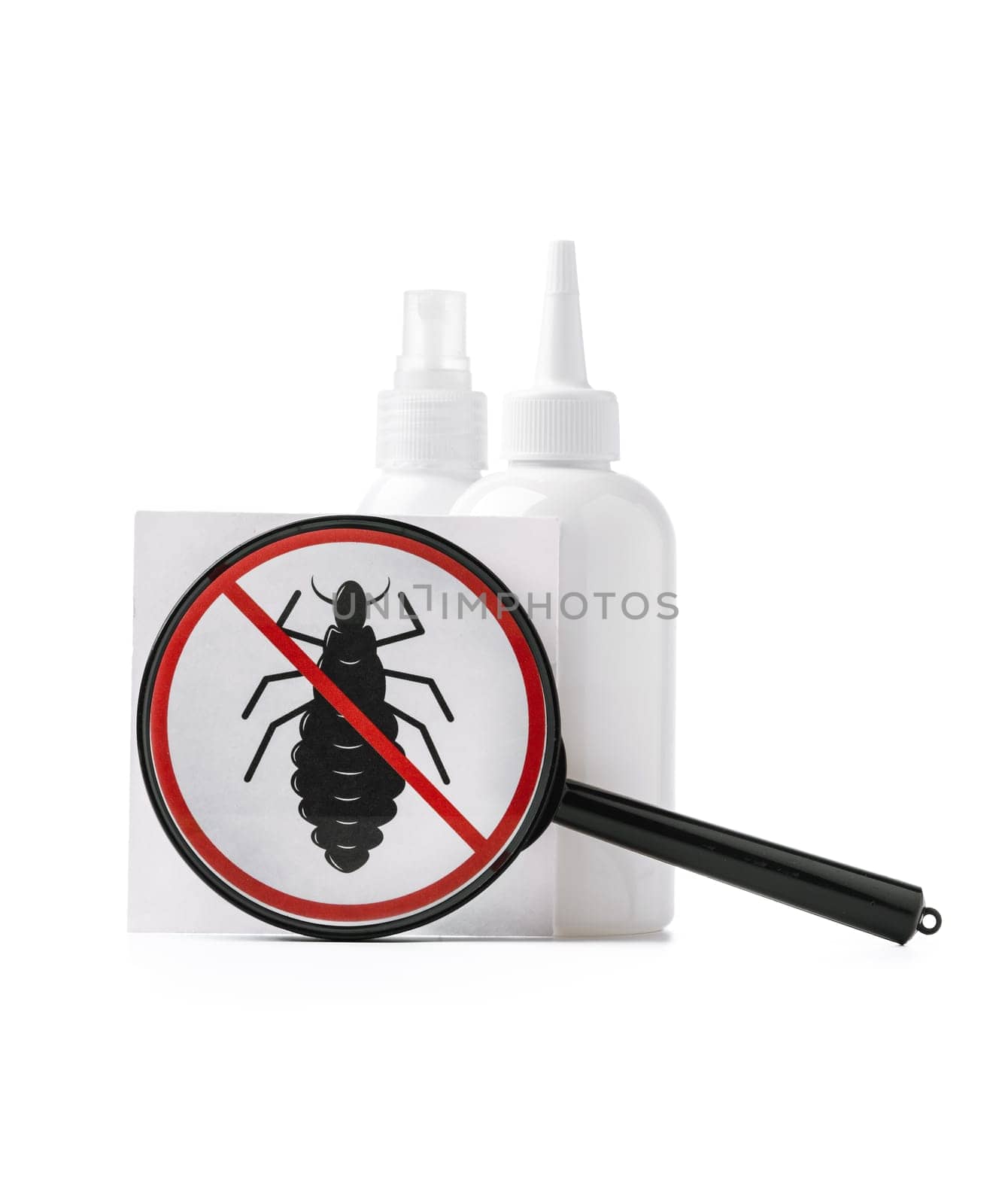 Cosmetic products, lice comb and magnifying glass isolated on white by Fabrikasimf
