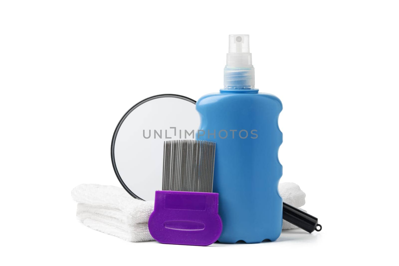 Cosmetic products, lice comb and magnifying glass isolated on white background