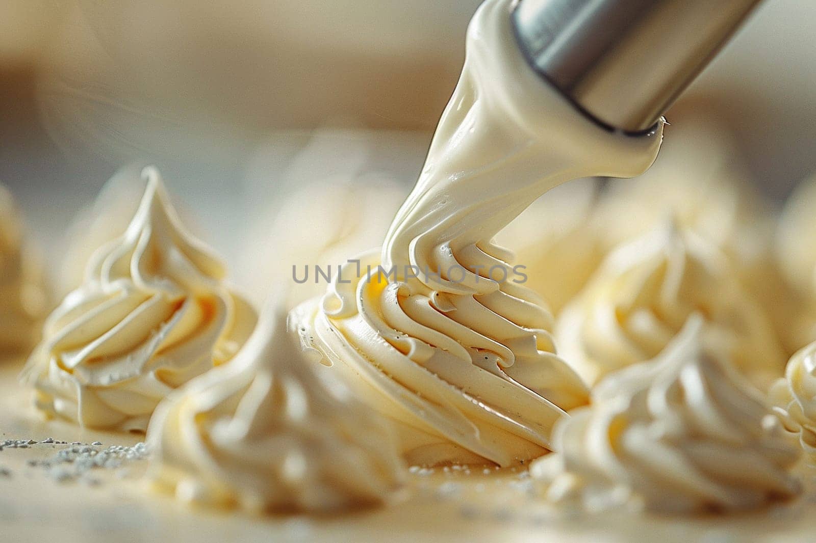 Whipped buttercream in swirl shape. Beautiful decor for a cake using a pastry bag. Generated by artificial intelligence by Vovmar