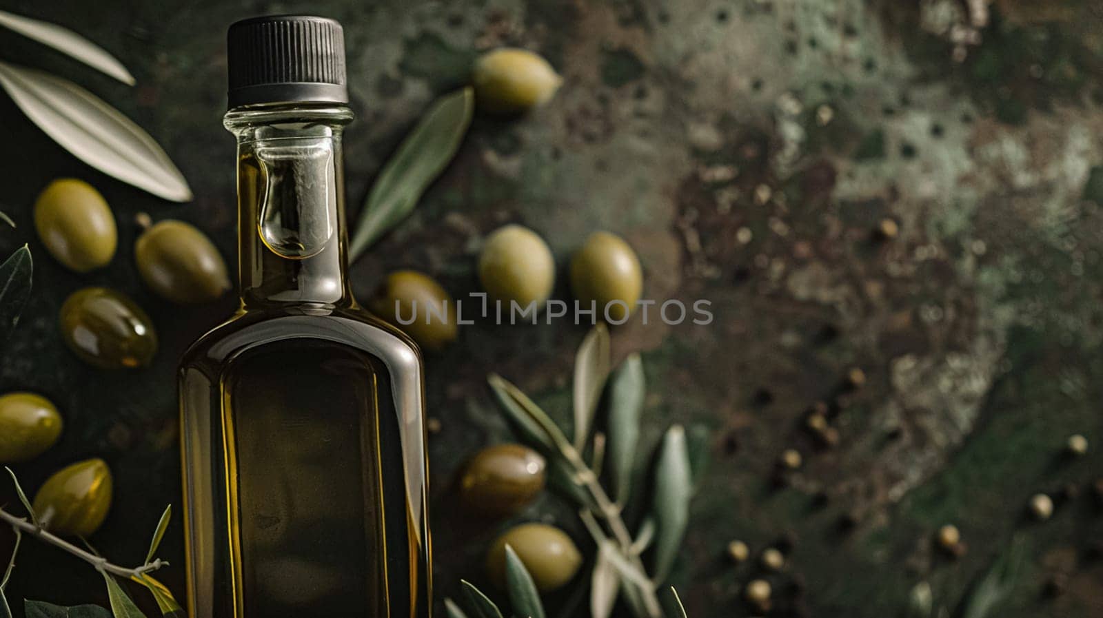 Olive oil bottle ad background with copyspace, vegetable oil commercial produce, food industry and retail by Anneleven