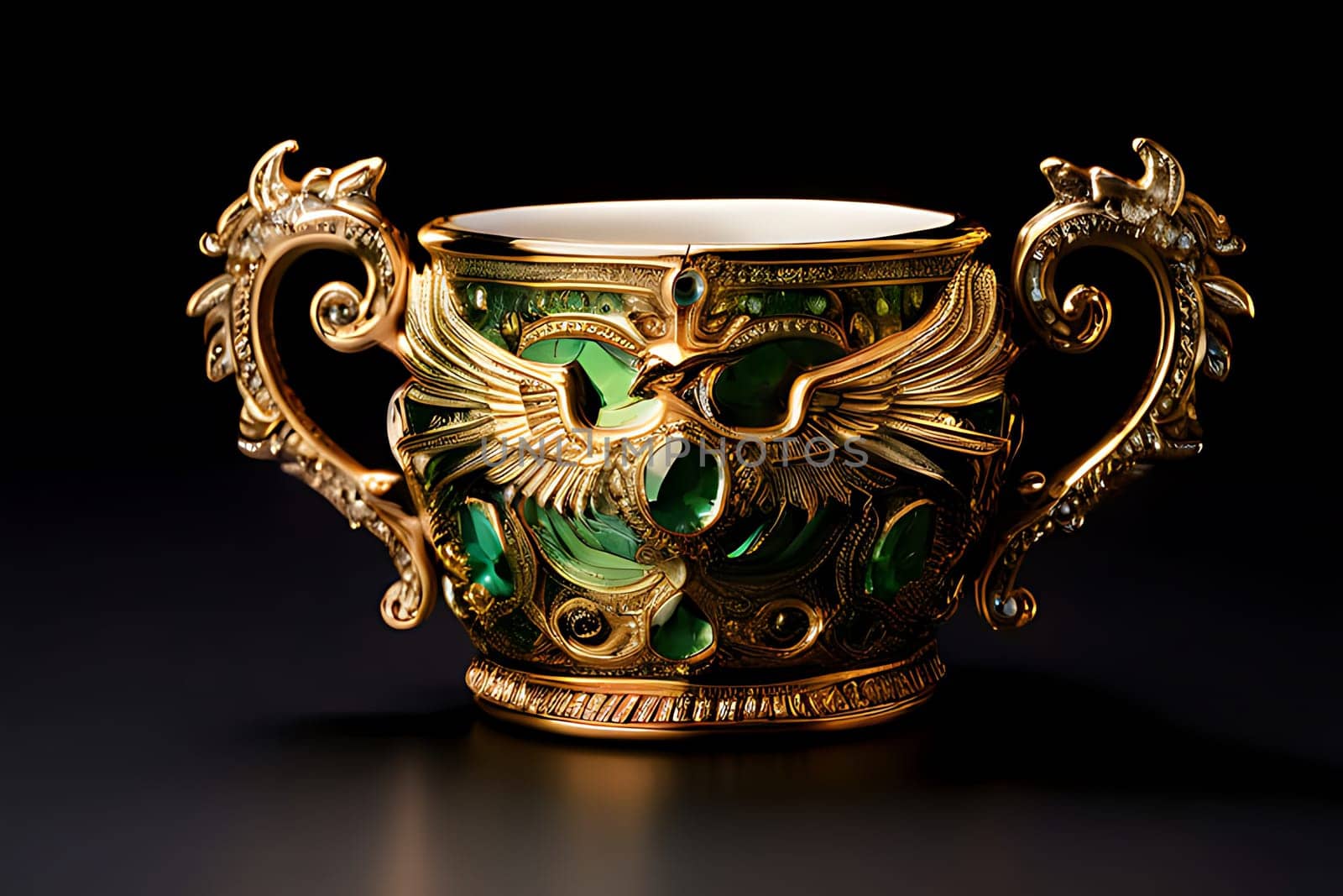 A gold and green cup with a green stone design. High quality photo
