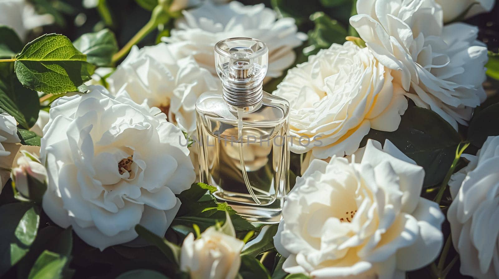 Perfume bottle in flowers, fragrance on blooming background, floral scent and cosmetic product idea