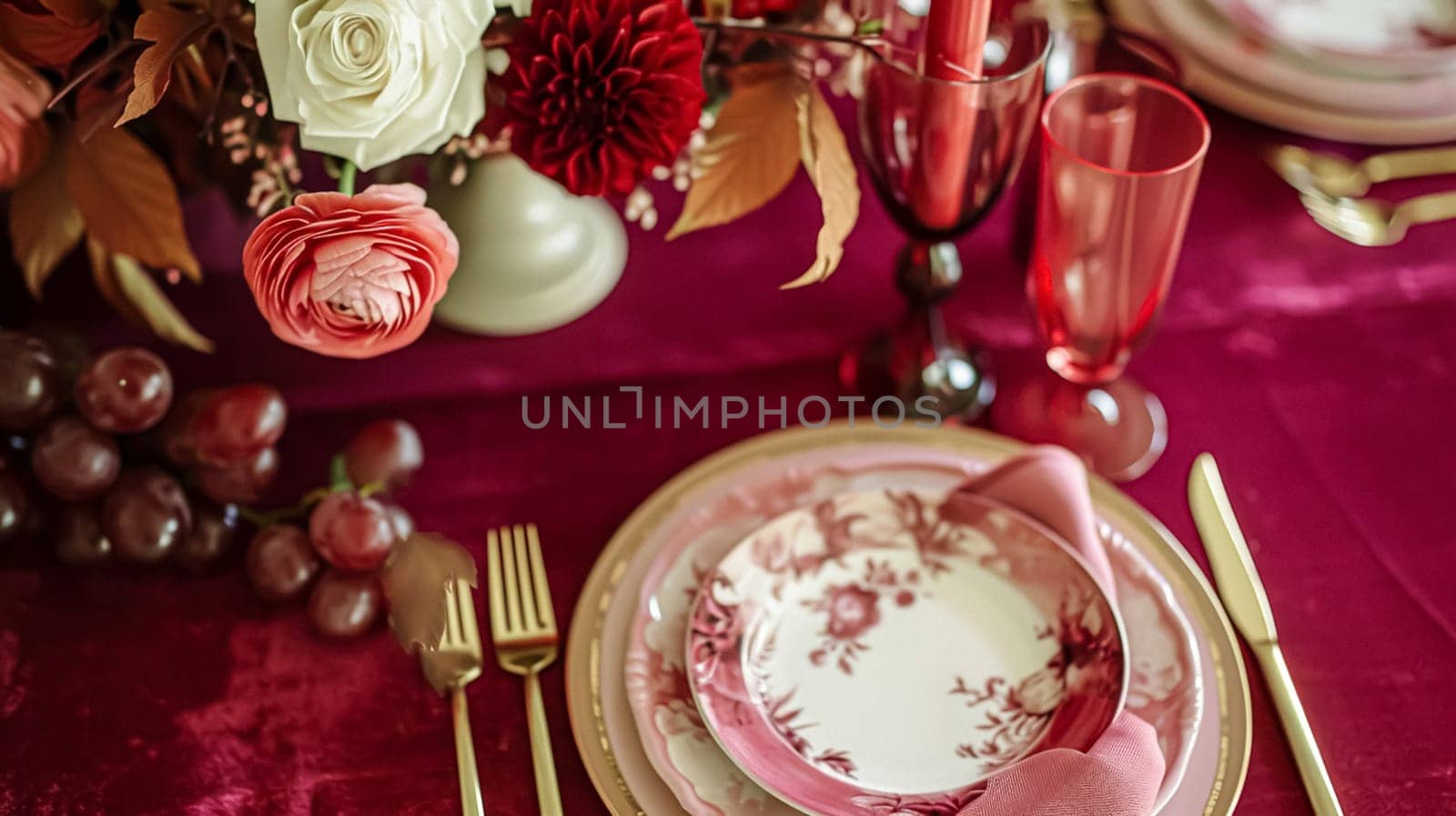 Valentines day tablescape and table decor, romantic table setting with flowers, formal dinner and date, beautiful cutlery and tableware by Anneleven