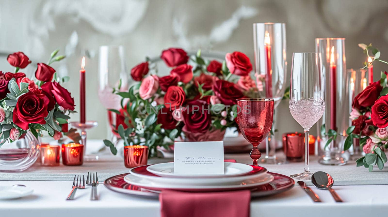 Valentines day tablescape and table decor, romantic table setting with flowers, formal dinner and date, beautiful cutlery and tableware design