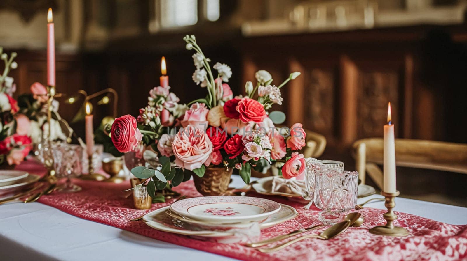 Valentines day tablescape and table decor, romantic table setting with flowers, formal dinner and date, beautiful cutlery and tableware by Anneleven