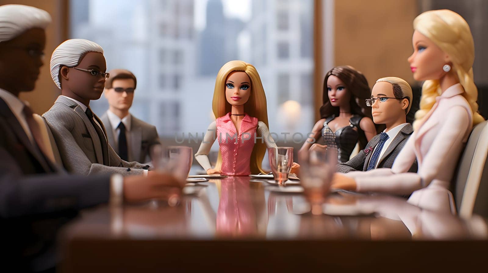 Barbie at a business meeting in pink clothes, with skyscrapers in the background. by ThemesS