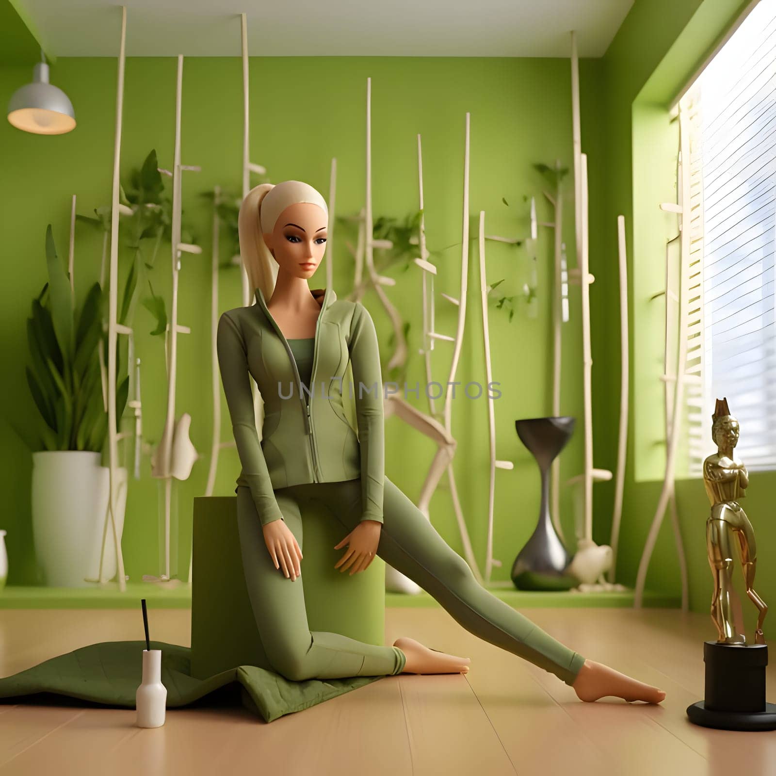 Blonde-haired Barbie gracefully practices yoga in a serene green room, finding balance and harmony.