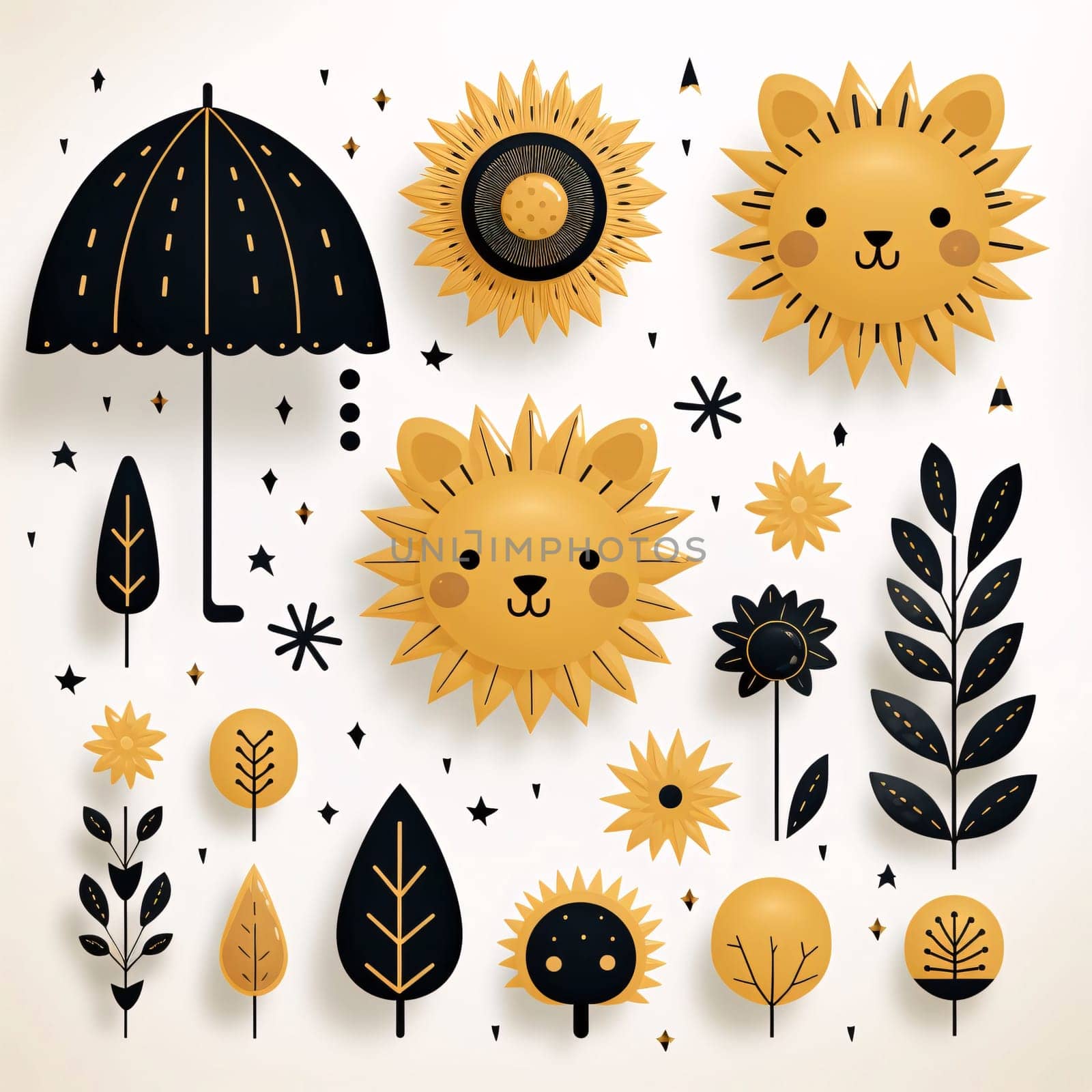 New icons collection: Set of cute hand drawn sunflower, leaf, tree, umbrella, cloud. Vector illustration.