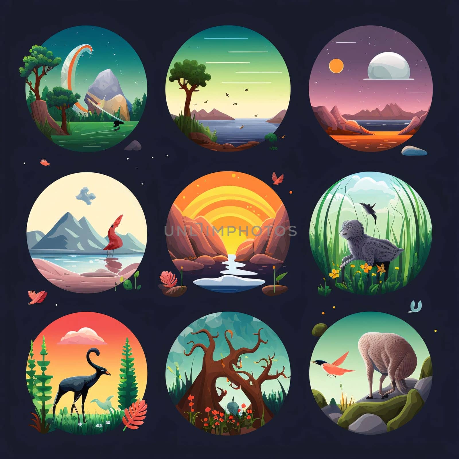 New icons collection: Set of cartoon wild animals and nature elements. Vector illustration in flat style