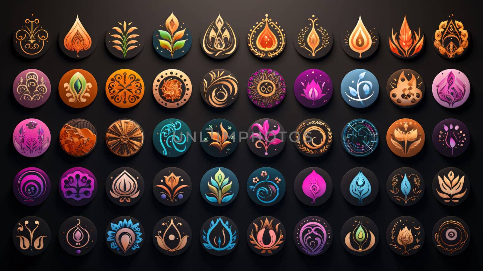 Set of ornate icons for yoga and meditation. Vector illustration. Set of indian symbols and icons. Vector illustration. EPS 10 by ThemesS