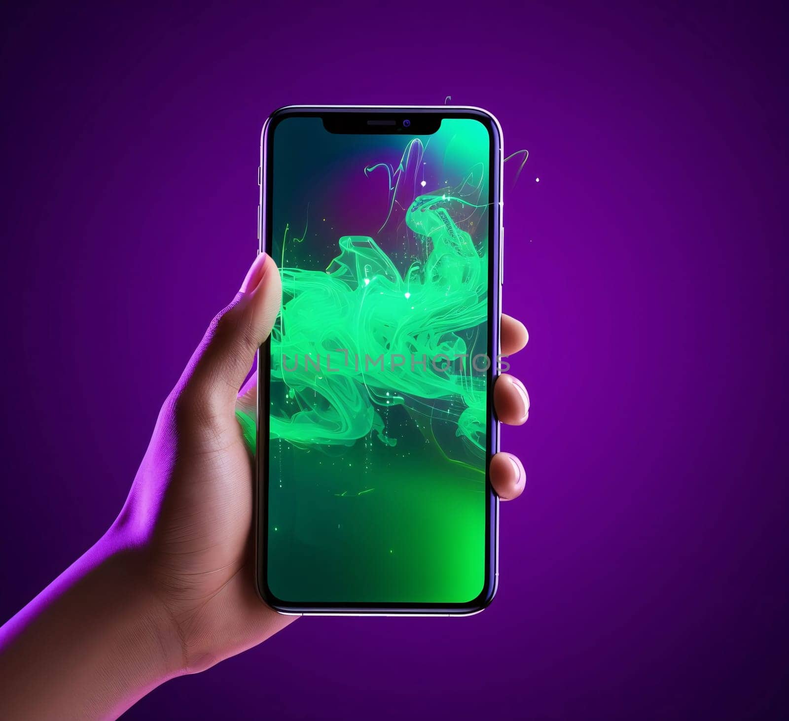 Close up of human hand holding smartphone with green abstract glowing screen on purple background by ThemesS