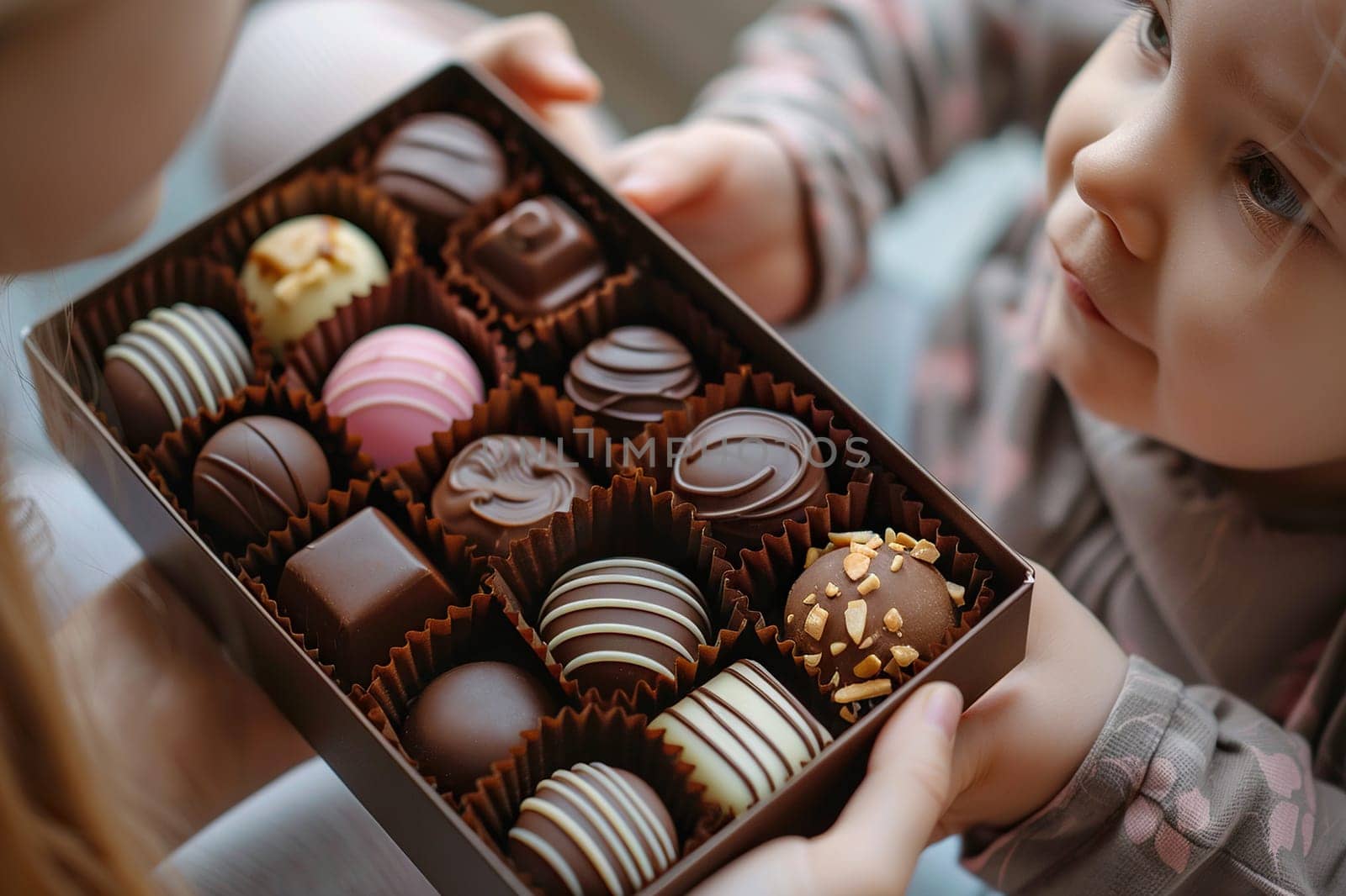 Child gives mom a box of chocolates, child's hands with sweets for mom.