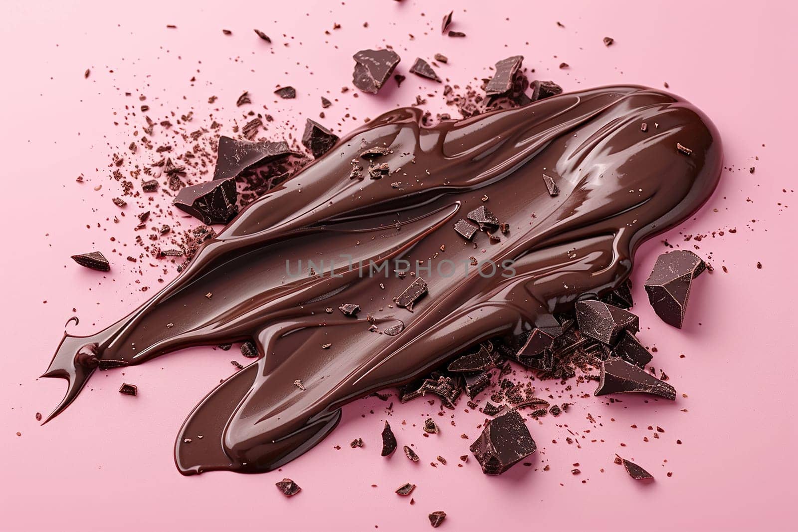 A smear of delicious chocolate with crumbs on a pink background, top view. Generated by artificial intelligence by Vovmar
