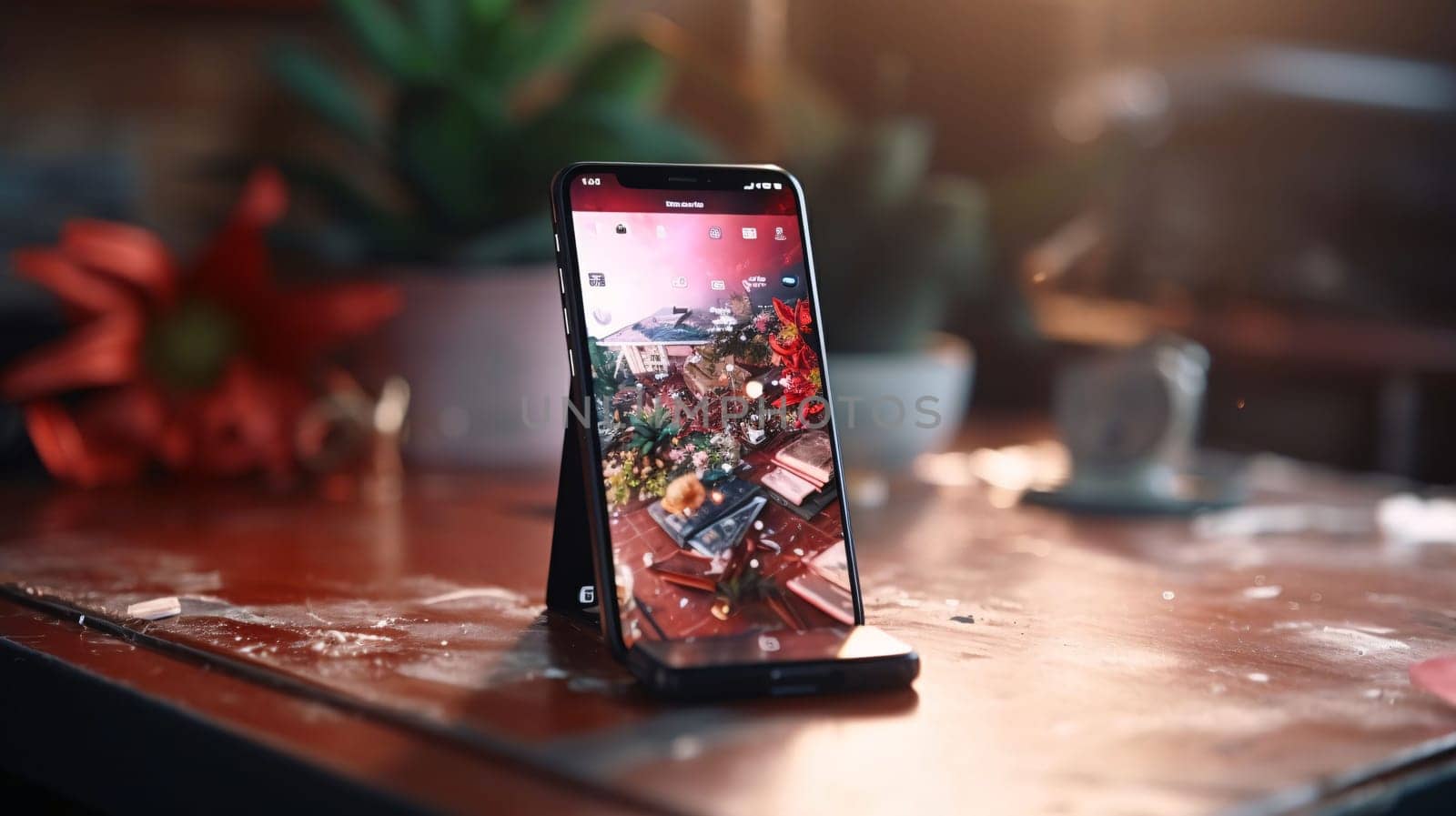 Smartphone screen: Smartphone with christmas gifts on table in cafe. Christmas concept