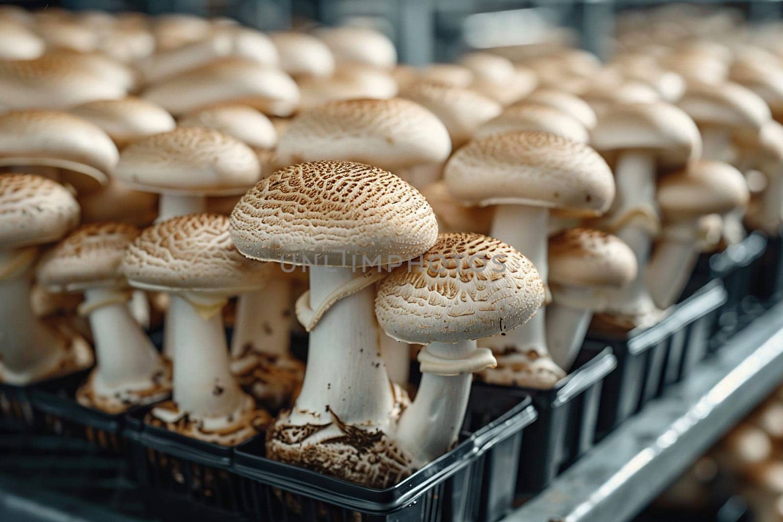Champignons grow in boxes on a mushroom farm. Mushroom growing industry. Generated by artificial intelligence by Vovmar