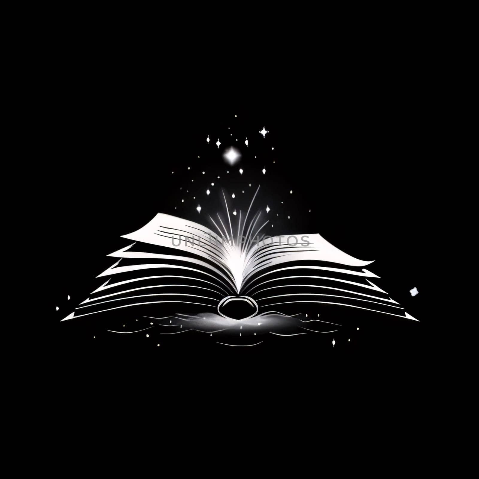 World Book Day: Open book with sparkles on a black background. Vector illustration.