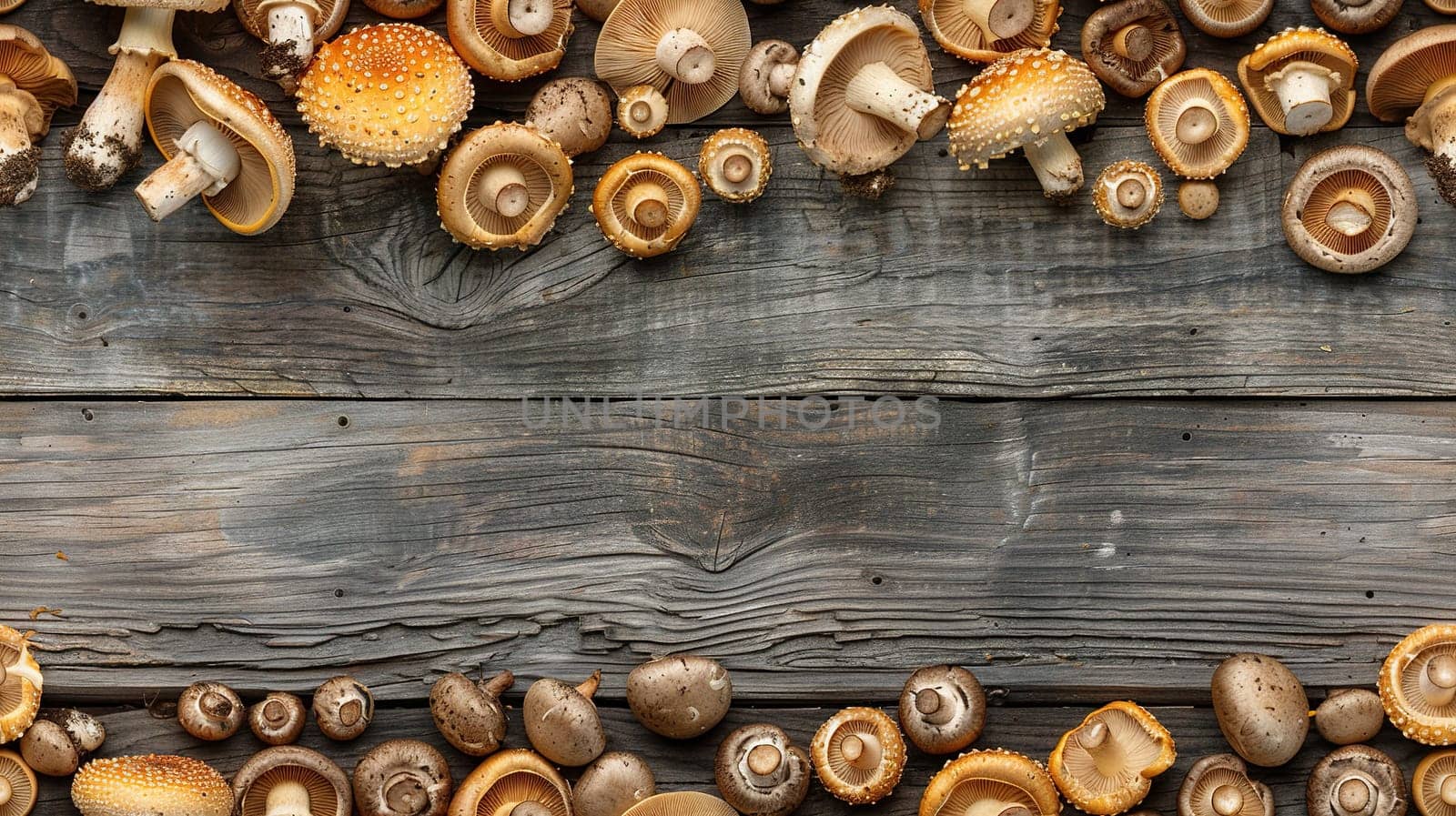 Top view of fresh mushrooms on a wooden surface with space for text.