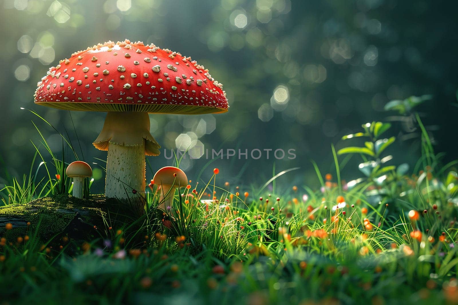 Close-up of a beautiful fly agaric in green grass against a bokeh background.