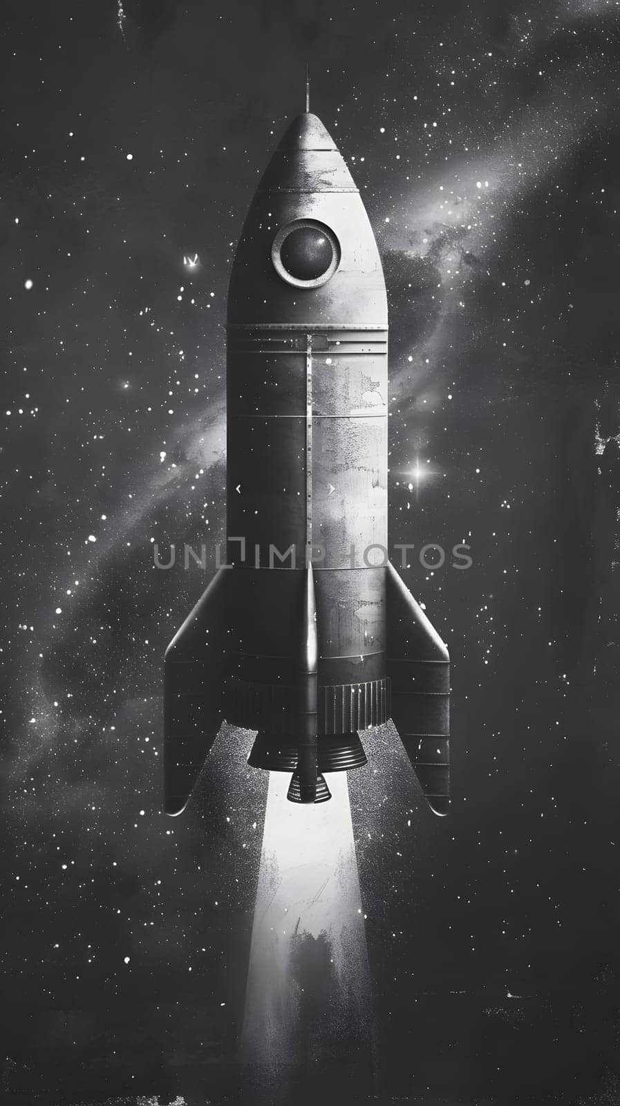 A monochrome image of a rocket in flight in the darkness of space by Nadtochiy