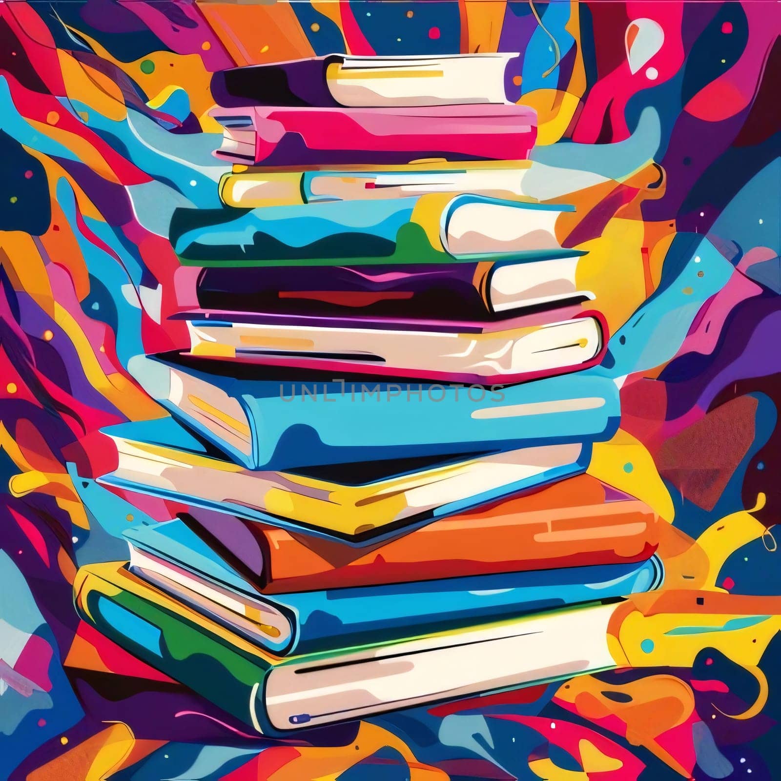 World Book Day: illustration of a pile of colorful books on abstract colorful background.