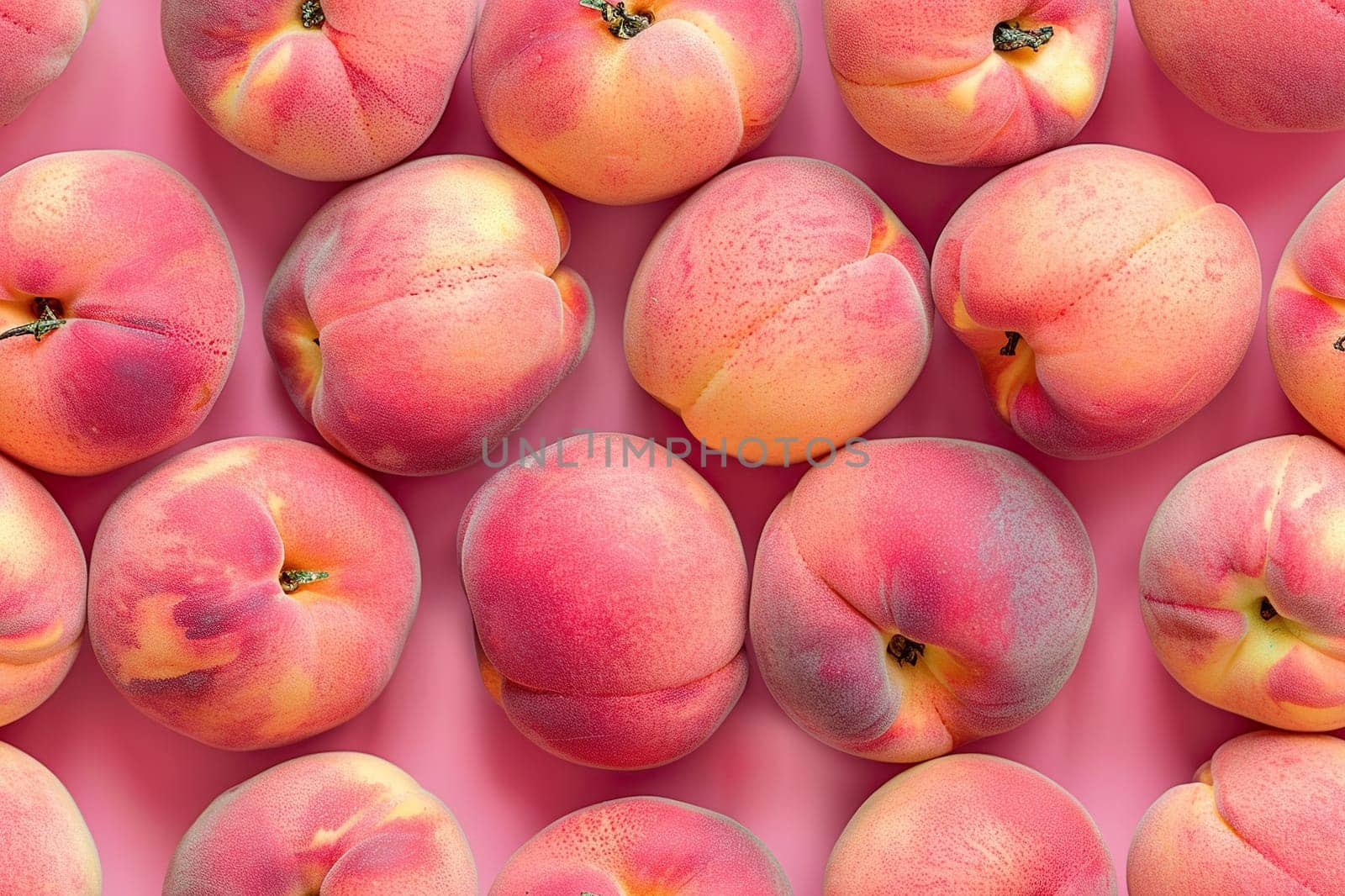 Ripe juicy peaches on a pink background, top view. Horizontal background. Generated by artificial intelligence by Vovmar