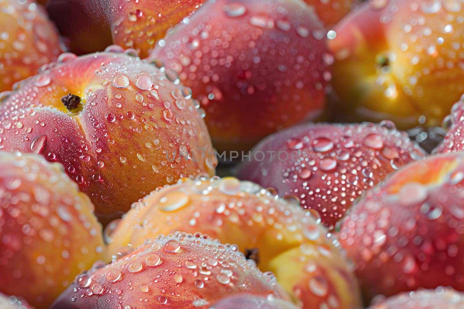 Appetizing ripe peaches in drops of water. Horizontal macro background. Generated by artificial intelligence by Vovmar