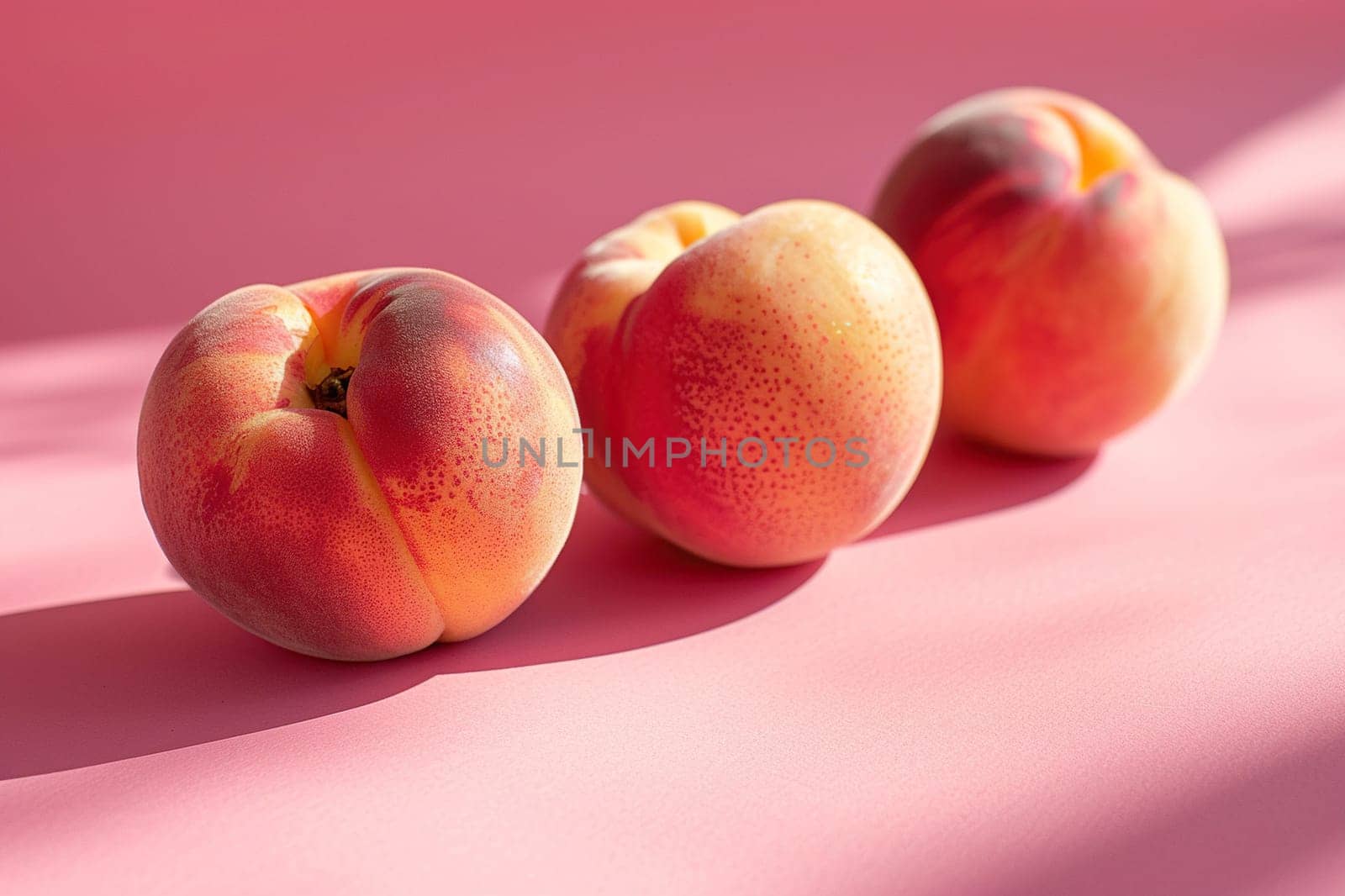 Three ripe appetizing peaches on a pink background with sunlight.